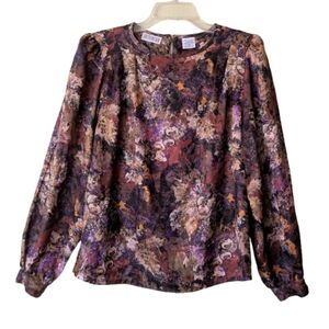 Vintage A K Collectible 80s Blouse Top Autumn Hues Abstract Print Shoulder Pads